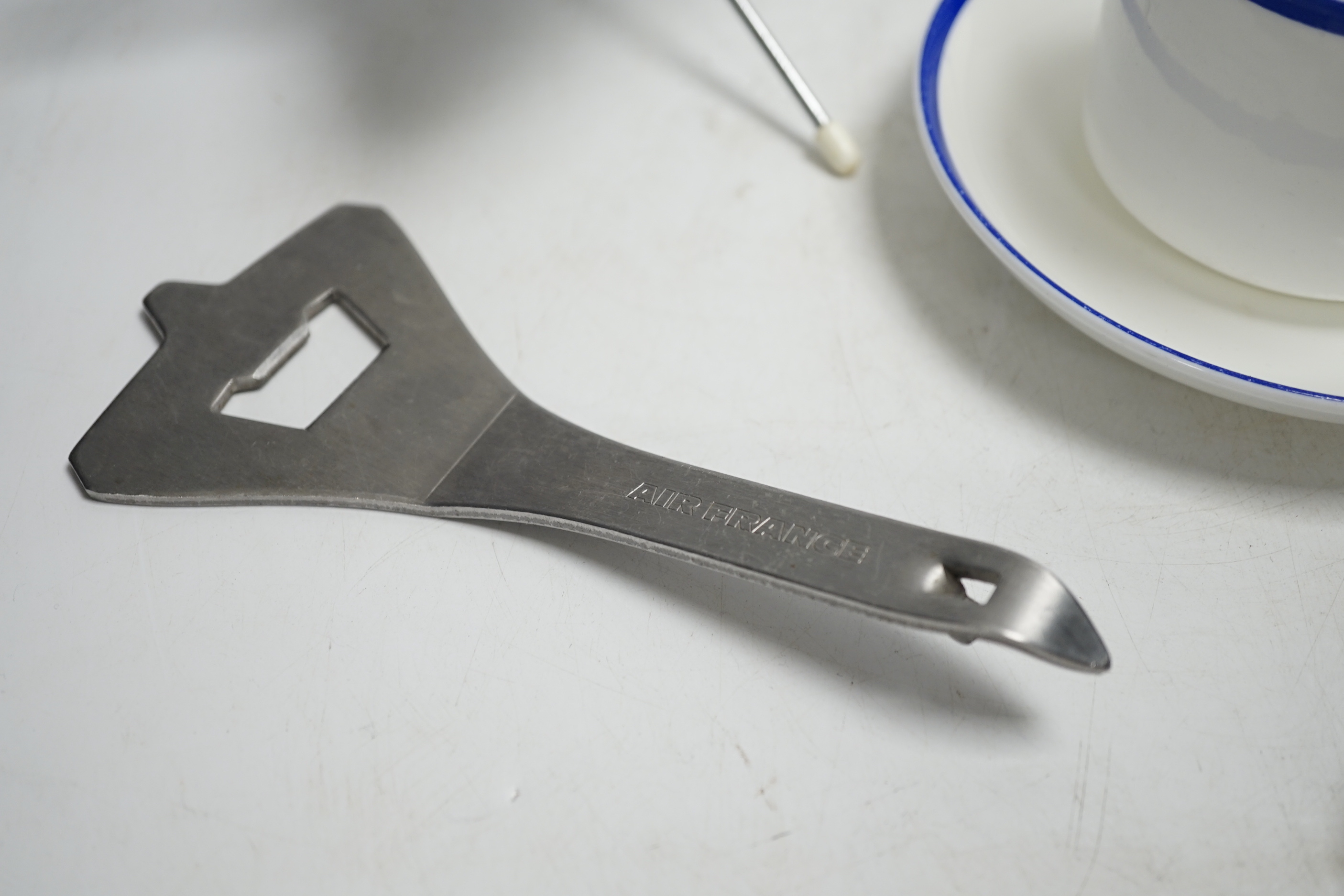 Concorde memorabilia comprising four British Airways glass tots, a pair of plated cased clothes brushes, three graduated scale models of Concorde and a bottle opener together with four Wedgwood Royal Air Force Club mugs